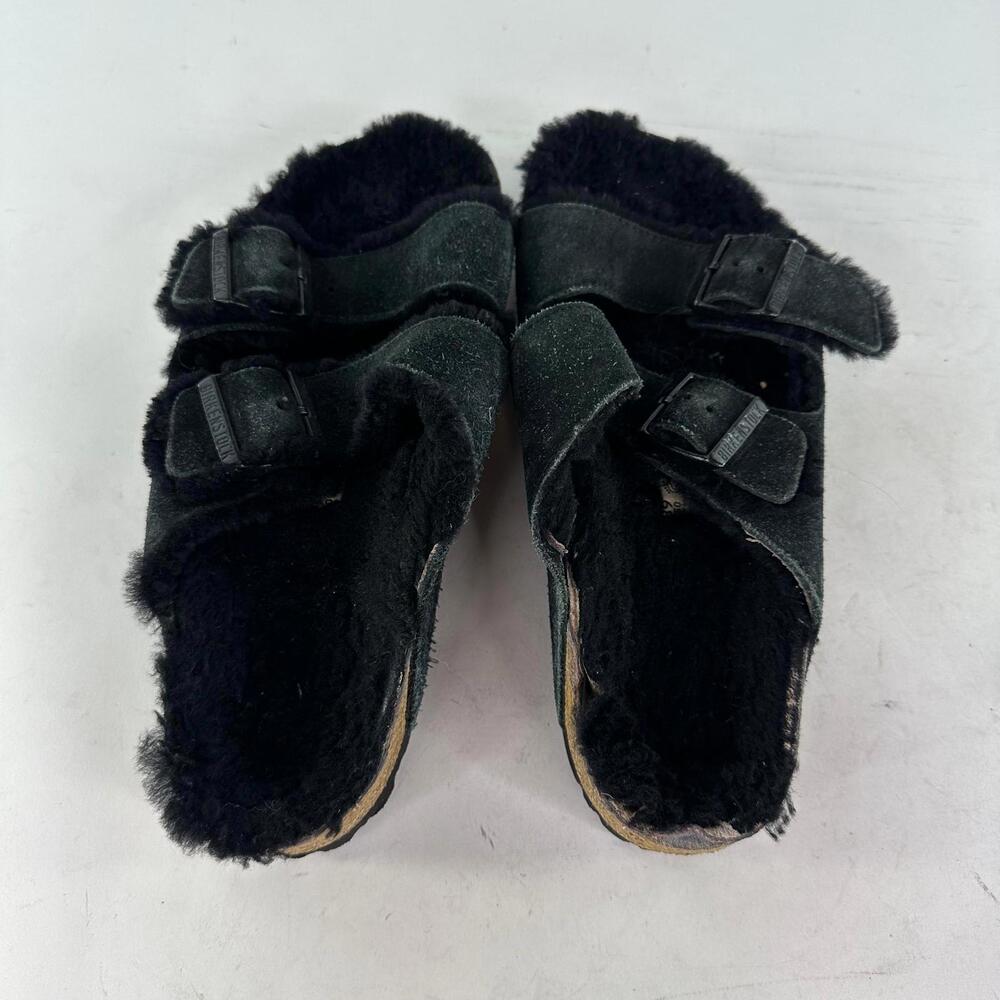 Birkenstock Arizona Shearling Sandals Sz 8 Black Suede Lined Buckle Shoes - Picture 10 of 12